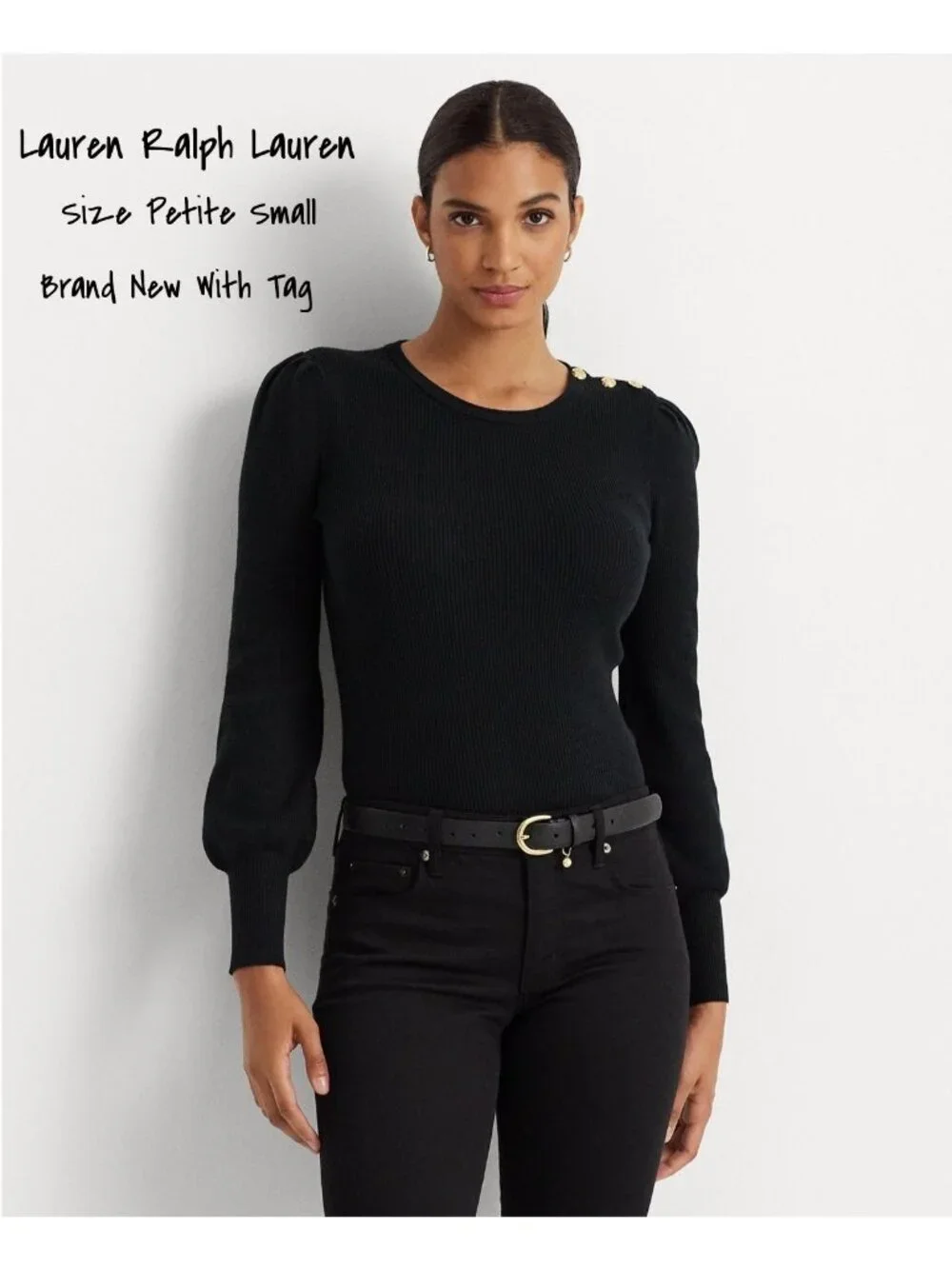 Lauren Ralph Lauren Crewneck Puff-Sleeve Black Sweater Petite Size Small New - Picture 1 of 7